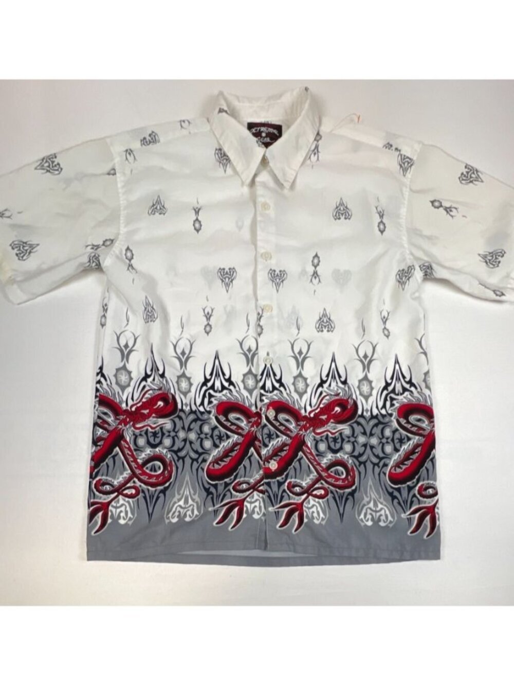 Xtreme Gear Men’s XL White Gray Red Dragon Tribal Graphic Button Up Shirt
